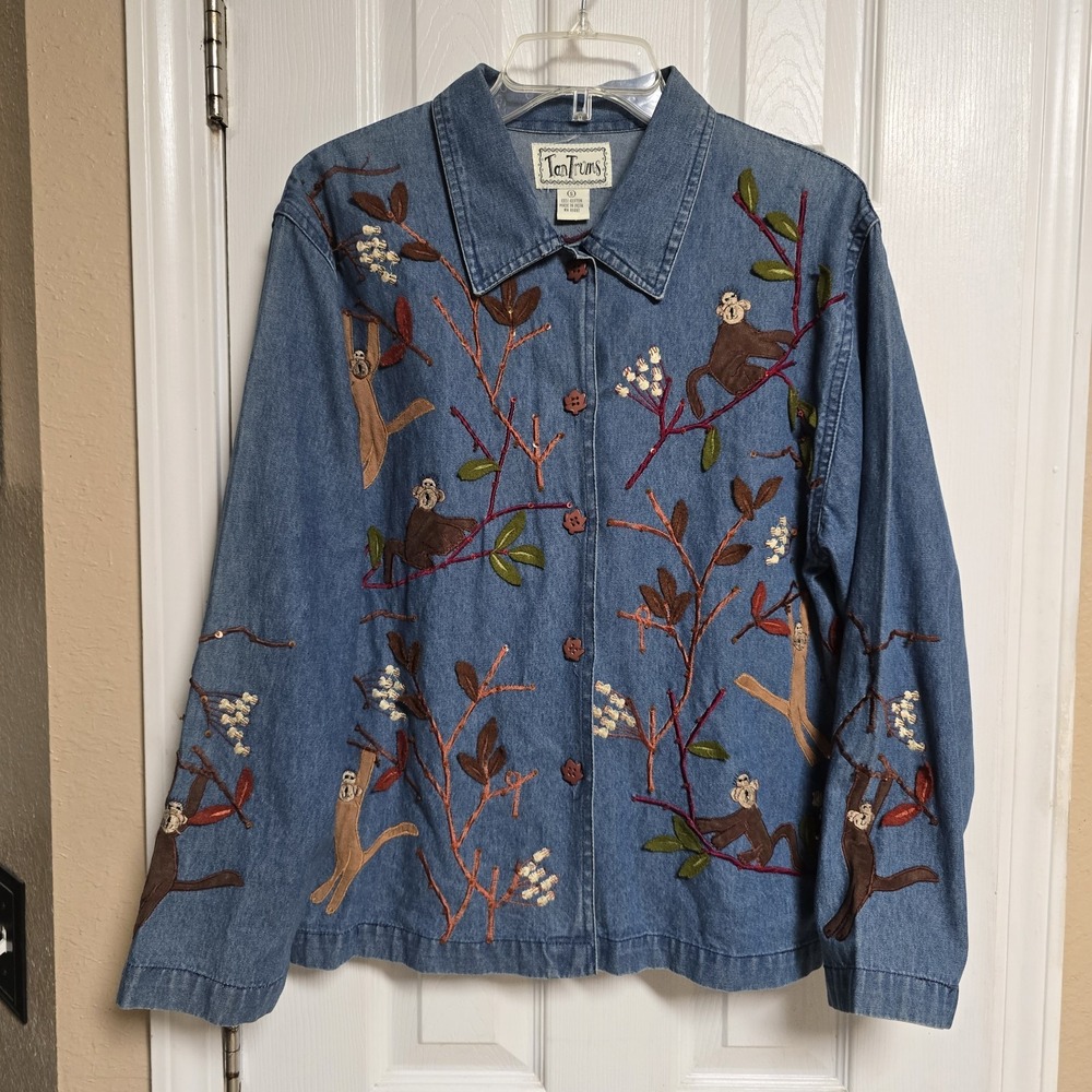 TanTrums Brand~Ladies Denim Shirt~Tree Monkey Pattern~Size Small~Vintage